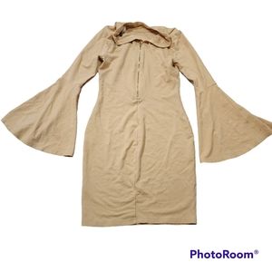 Venus S bodycon dress with long bell sleeves, tan